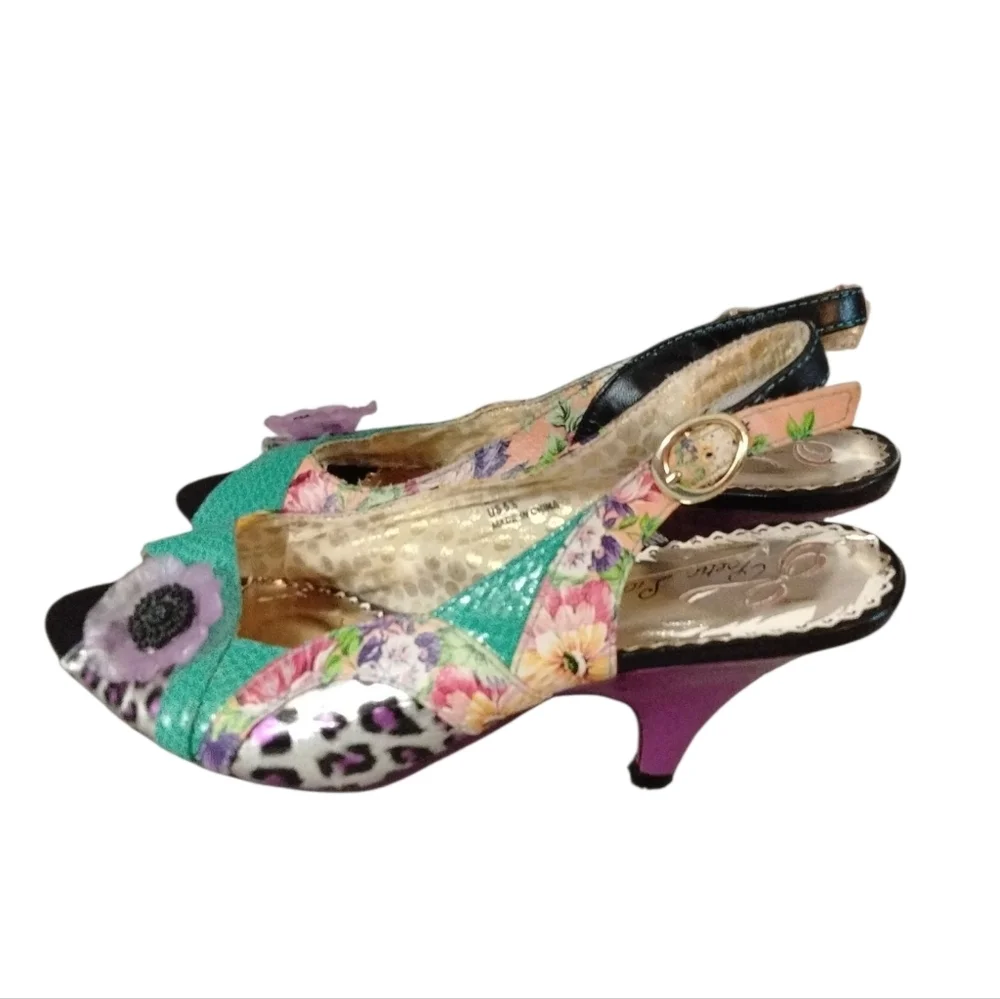 POETIC LICENSE Passion Fruit Tea Party Peep Toe Leather Sling Back Heels Sz 5.5